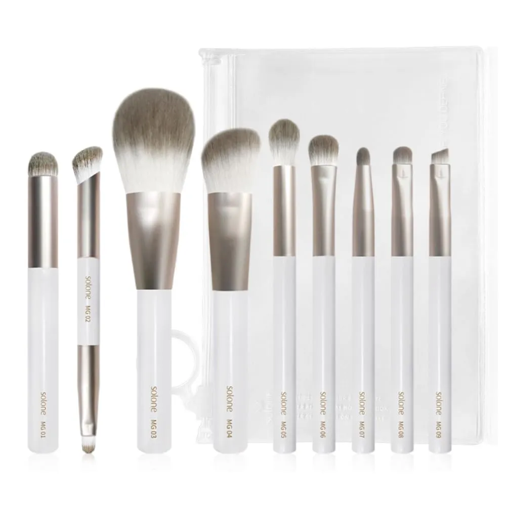 Solone Gorgeous Mini Makeup Brush Set (9pcs) Travel-Sized Brushes with Synthetic Wood Handles - Powder, Contour, Blush, Eyeshadow, Blending, Pencil, Detailed, and Accent Brushes; Vegan & Cruelty Free