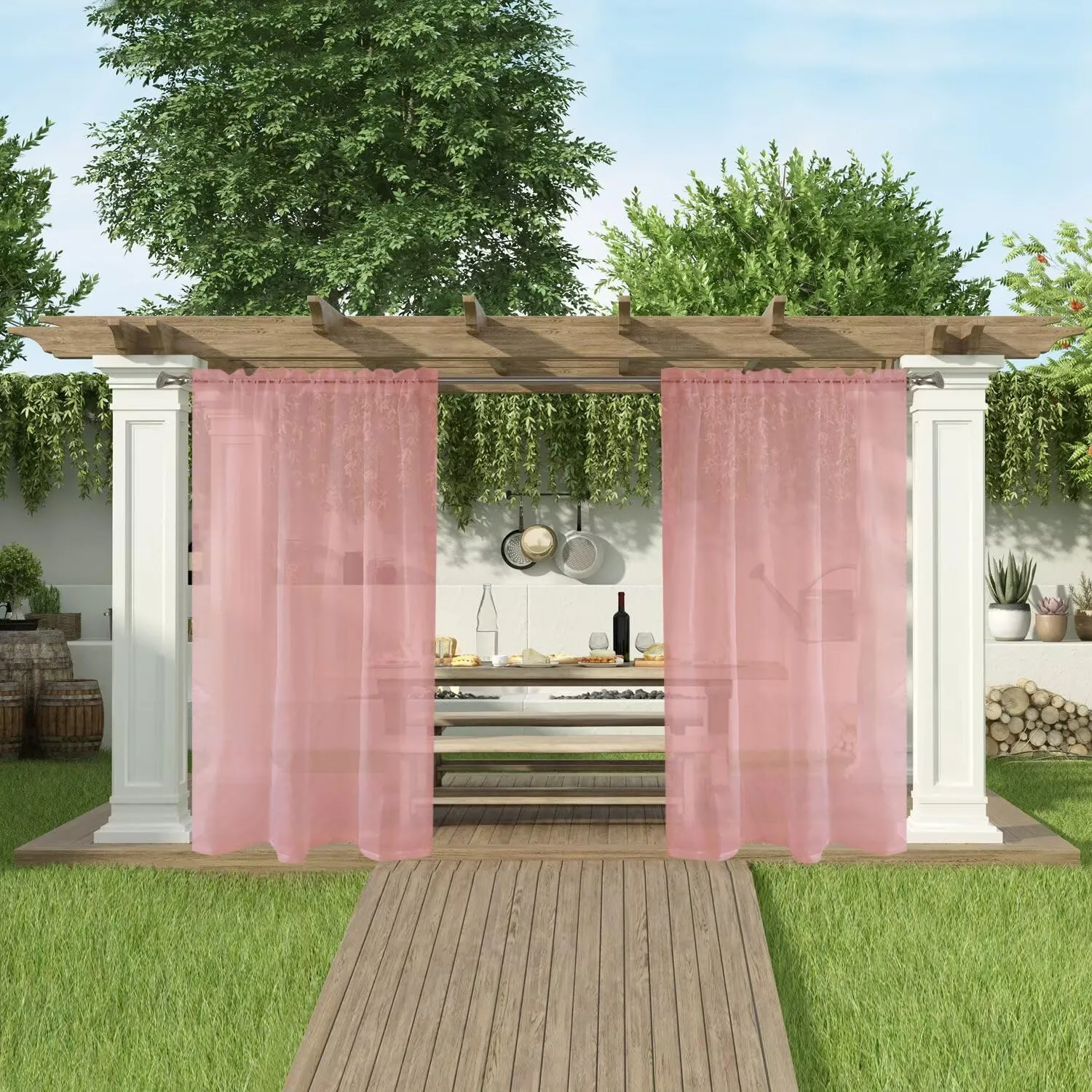 SpaceDresser Waterproof Outdoor Sheer Curtains for Patio - 2 Panels Rod Pocket Indoor Voile Sheer Curtain for Living Room,100W x 84L inch, Blush