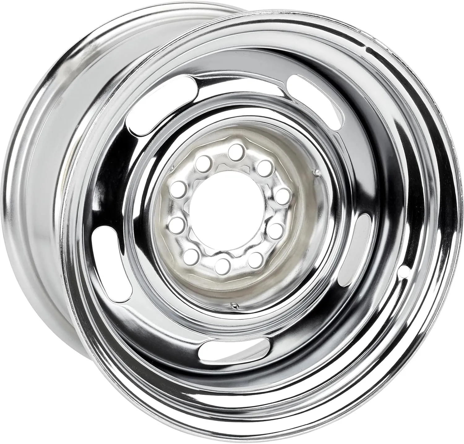 Speedway Motors GM Dual Pattern Silver 15” x 8” Rally Wheel, 5 x 4.5 Inch – 5 x 4.75 Inch Bolt Direct-Fit Bolt Pattern, Rear-Wheel Drive Vehicle Only