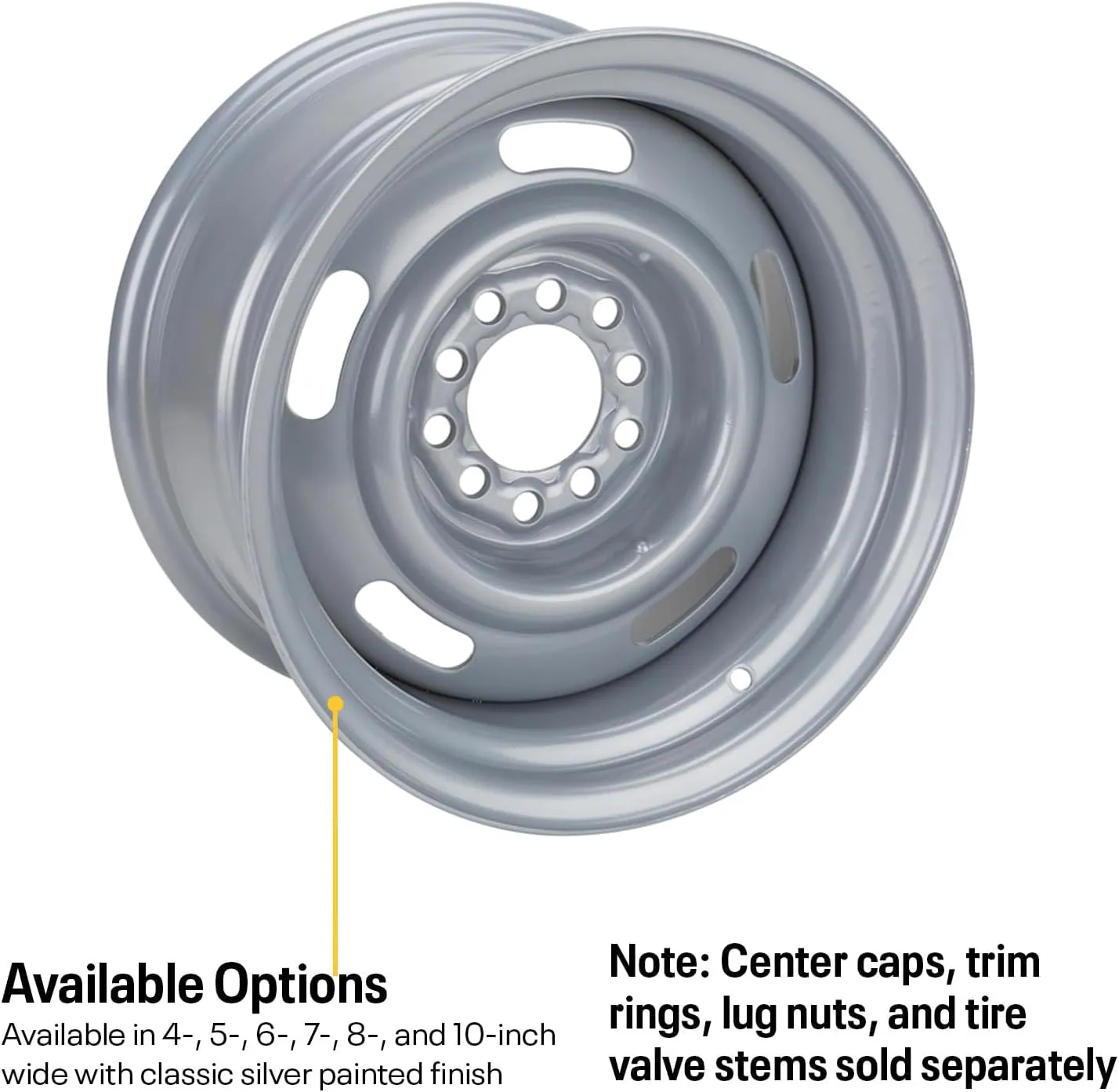 Speedway Motors GM Dual Pattern Silver 15” x 8” Rally Wheel, 5 x 4.5 Inch – 5 x 4.75 Inch Bolt Direct-Fit Bolt Pattern, Rear-Wheel Drive Vehicle Only