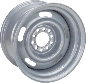 Speedway Motors GM Dual Pattern Silver 15” x 8” Rally Wheel, 5 x 4.5 Inch – 5 x 4.75 Inch Bolt Direct-Fit Bolt Pattern, Rear-Wheel Drive Vehicle Only