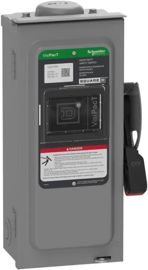 Square D by Schneider Electric VH221NRB VisiPact Heavy Duty Safety Switch with Viewing Window and Red (On) and Black (Off) Indicators, Fusible 2 Pole, 30A, 240VAC/250VDC, Type 3R