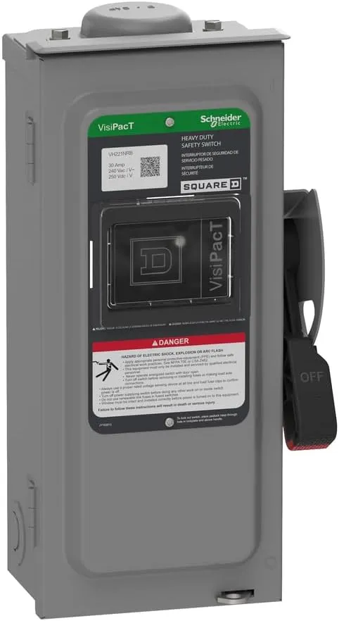 Square D by Schneider Electric VH221NRB VisiPact Heavy Duty Safety Switch with Viewing Window and Red (On) and Black (Off) Indicators, Fusible 2 Pole, 30A, 240VAC/250VDC, Type 3R