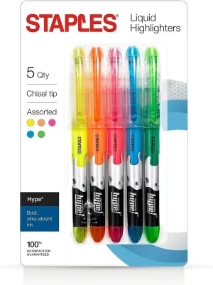 Staples Hype! Liquid Highlighters, Assorted, 5/Pack