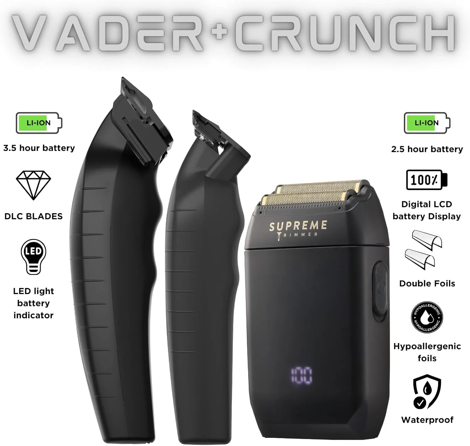 Supreme Trimmer Vader Clipper, Vader Trimmer & Crunch Foil Shaver | Professional Beard Trimmer, Men's Clippers | 3 in 1 Set, Black