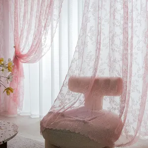 Sutuo Home Pink Lace Curtains 84 Inches Long 2 Panels Set, Blush Sheer Country Retro Florals Vintage Voile Window Treatment for Girls Bedroom/Living Room/Old World Decor Rod Pocket W57 x L84