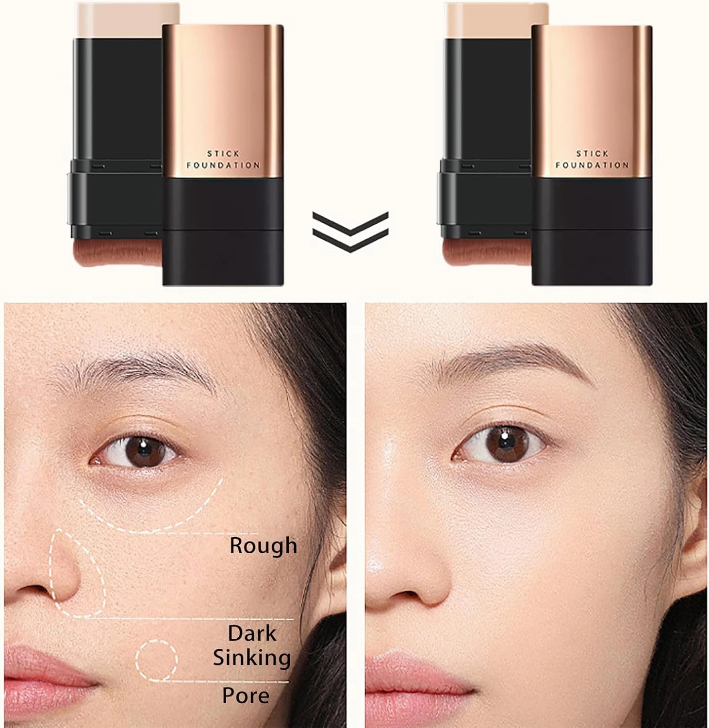 Synthetic Foundation Stick, Anti Wrinkle Foundation Stick, 2 in 1- Luxury Anti-Wrinkle Foudation Stick, Instant Concealing Foundation Stick with Built-in Brush-Natural Colour*2pcs