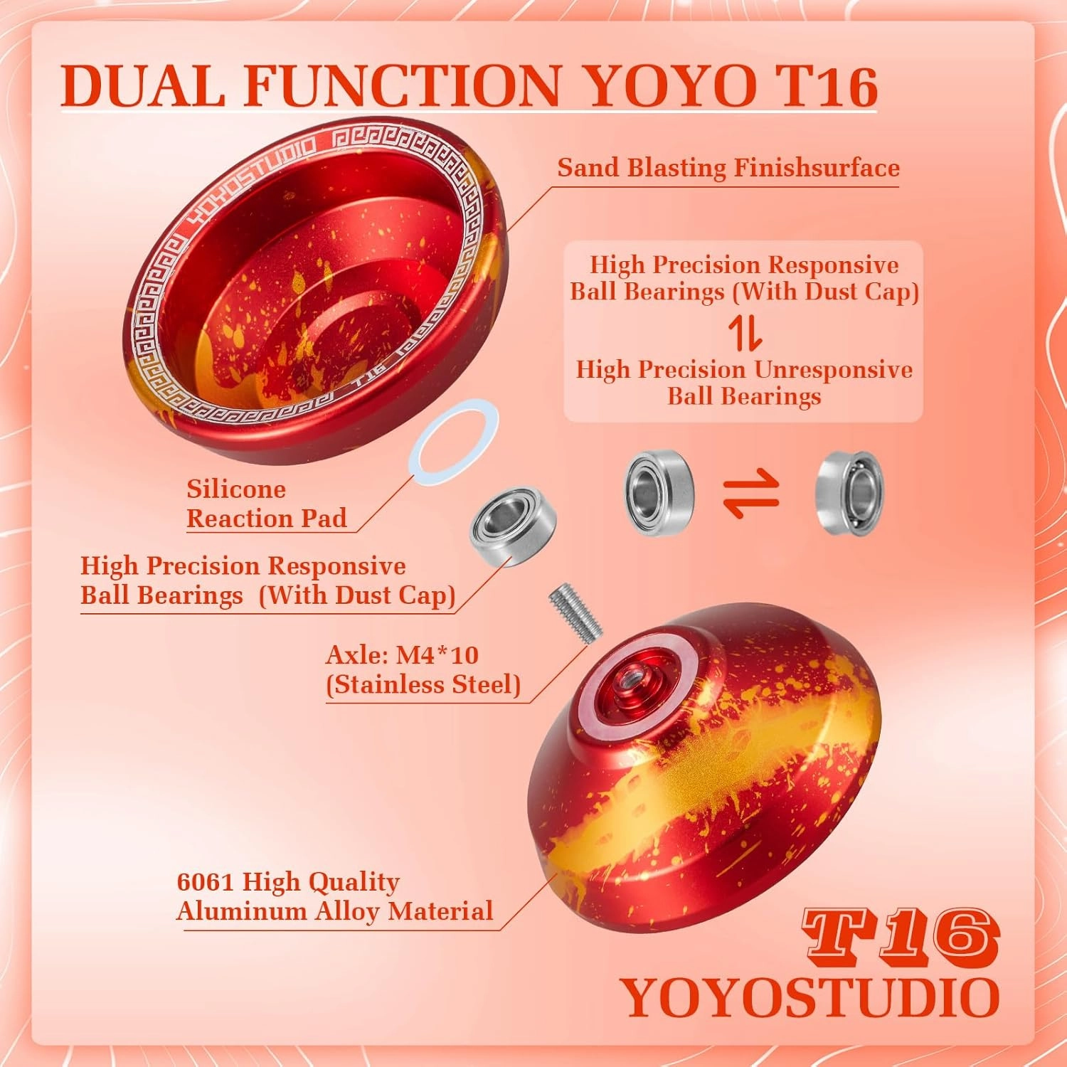 T16 Dual Purpose Yoyo Professional Responsive Yoyo for Kids 8-12 Beginner Metal Yo yo for Adults with Unresponsive Yoyos Bearing Kits, 10 Yo-Yo String, Case & Glove (Red and Gold)