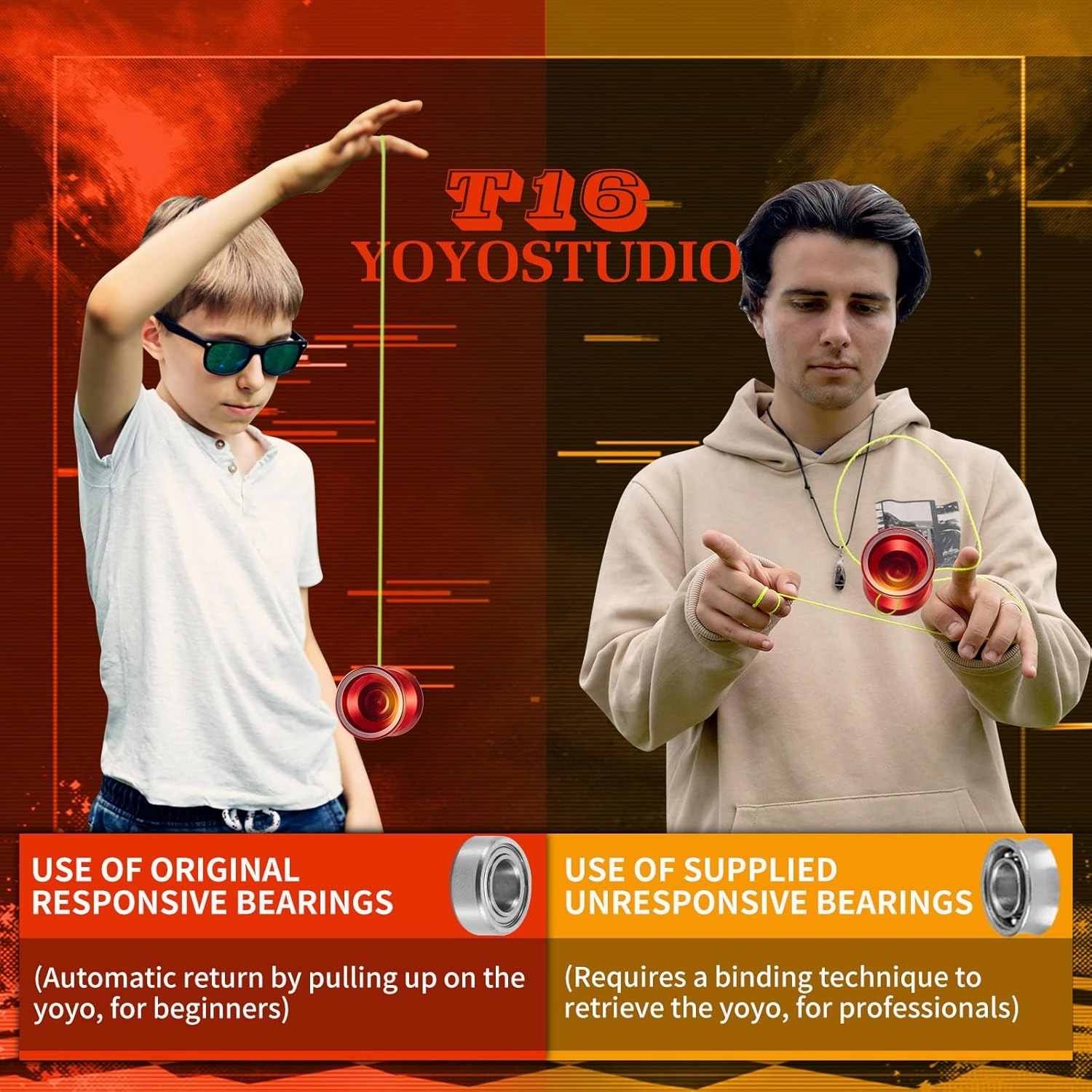 T16 Dual Purpose Yoyo Professional Responsive Yoyo for Kids 8-12 Beginner Metal Yo yo for Adults with Unresponsive Yoyos Bearing Kits, 10 Yo-Yo String, Case & Glove (Red and Gold)