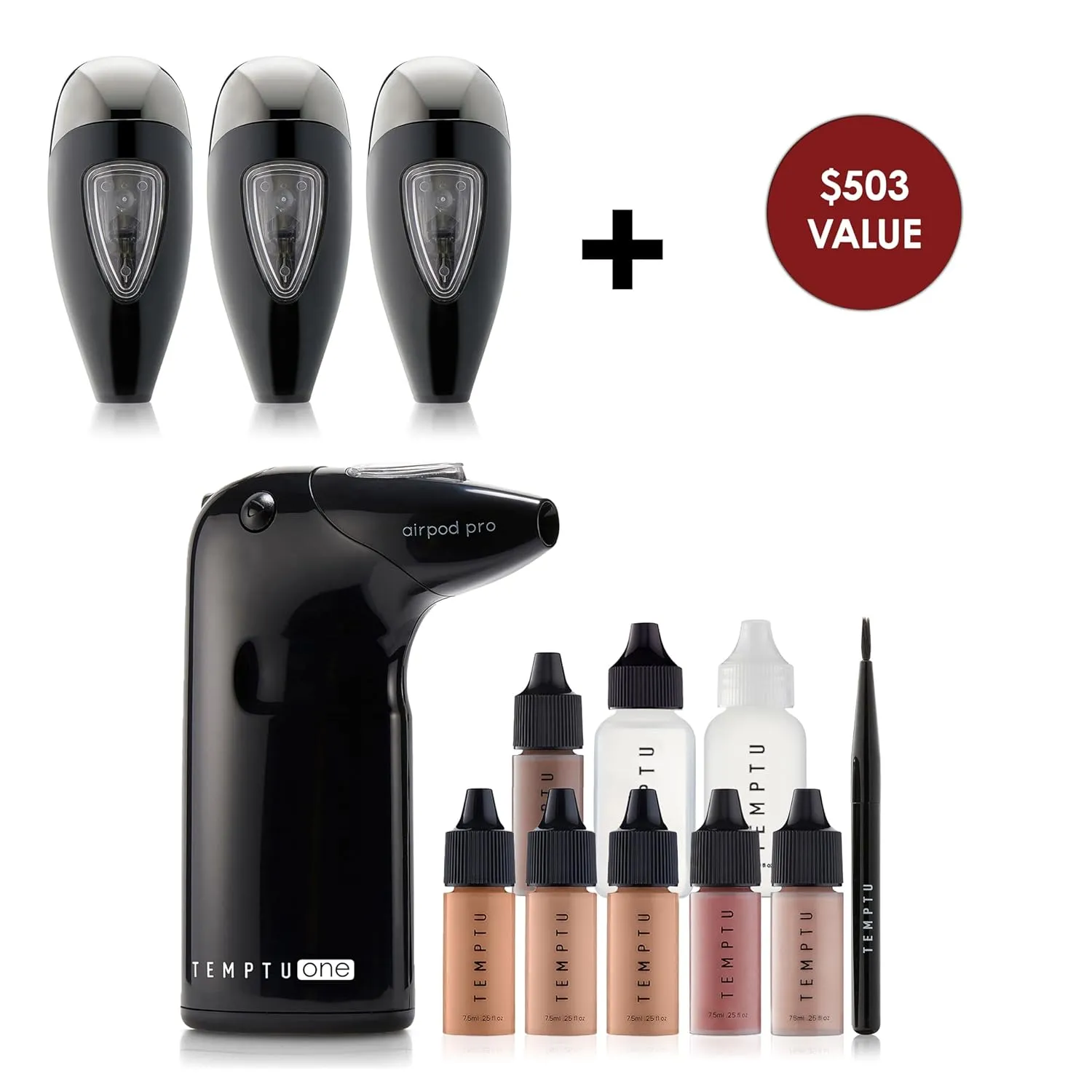 TEMPTU One Airbrush Make-up Kit for Complexion Perfection with Cordless Compressor, Light/Medium & Airpod Pro 3-Pack Cartridge Bundle