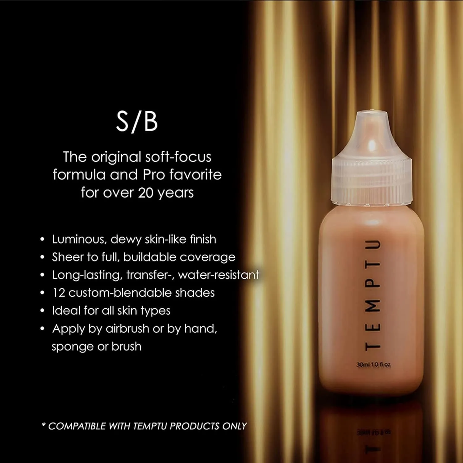 TEMPTU S/B Silicone-Based Airbrush Foundation: Professional Long-Wear Liquid Makeup, Sheer To Full Coverage For A Hydrated, Healthy-Looking Glow & Luminous, Dewy Finish On All Skin Types, 002 Blush Ivory, 4 Fl Oz