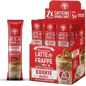 The Frozen Bean - Cookie Butter Frappe & Latte Instant Mix with Arabica Coffee, Double Caffiene, Low Sugar - for Hot, Iced, or Frappuccino-Style Blended Drinks - (20) 0.53oz Single Serve Sticks