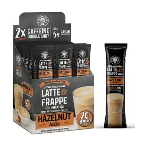 The Frozen Bean - Hazelnut Frappe & Latte Instant Mix with Arabica Coffee, Double Caffiene, Low Sugar - for Hot, Iced, or Frappuccino-Style Blended Drinks - (20) 0.53oz Single Serve Sticks