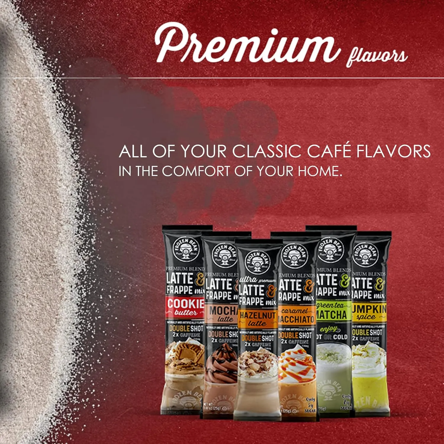 The Frozen Bean - Hazelnut Frappe & Latte Instant Mix with Arabica Coffee, Double Caffiene, Low Sugar - for Hot, Iced, or Frappuccino-Style Blended Drinks - (20) 0.53oz Single Serve Sticks