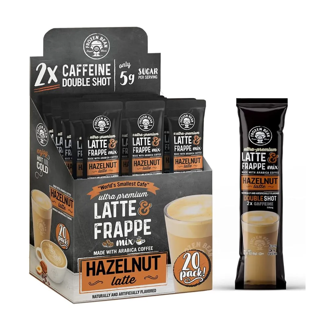 The Frozen Bean - Hazelnut Frappe & Latte Instant Mix with Arabica Coffee, Double Caffiene, Low Sugar - for Hot, Iced, or Frappuccino-Style Blended Drinks - (20) 0.53oz Single Serve Sticks