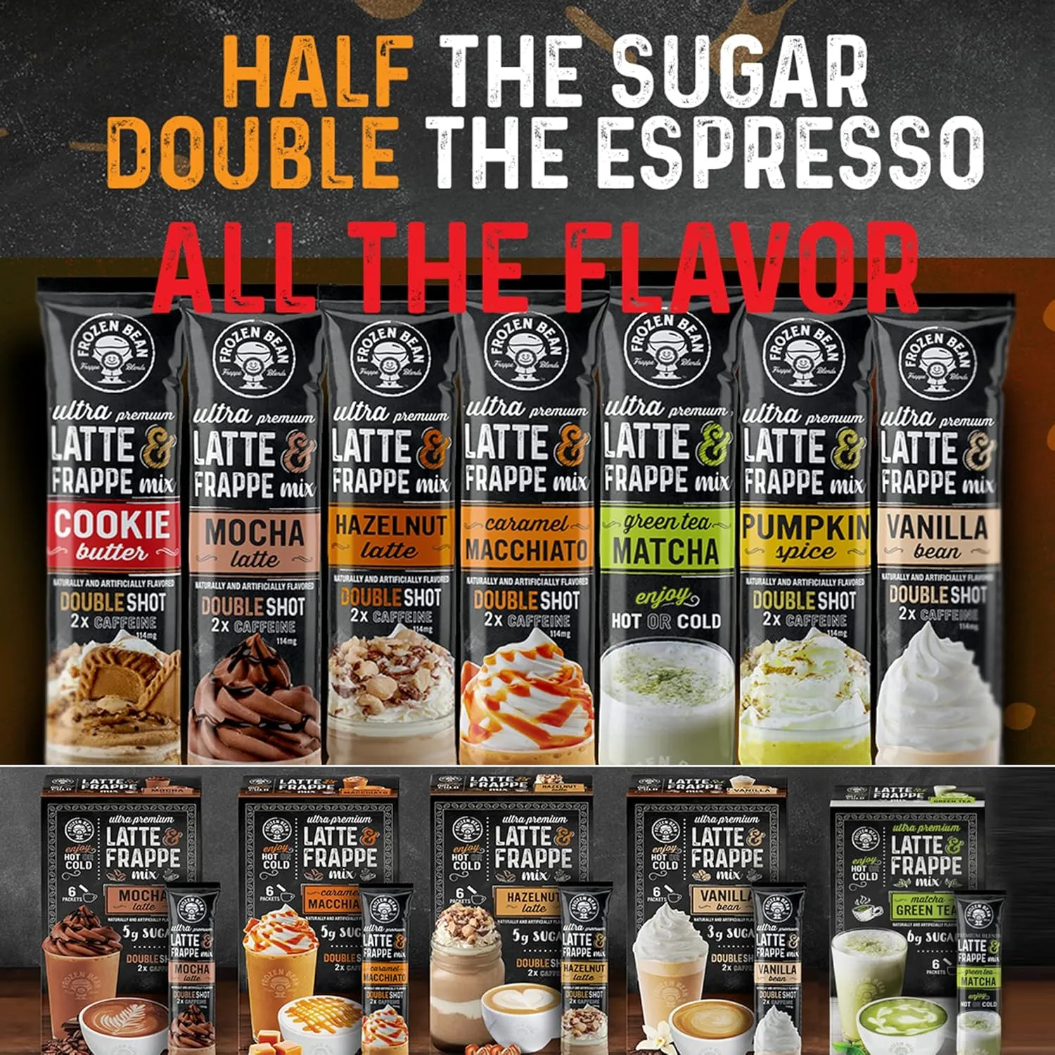 The Frozen Bean - Hazelnut Frappe & Latte Instant Mix with Arabica Coffee, Double Caffiene, Low Sugar - for Hot, Iced, or Frappuccino-Style Blended Drinks - (20) 0.53oz Single Serve Sticks