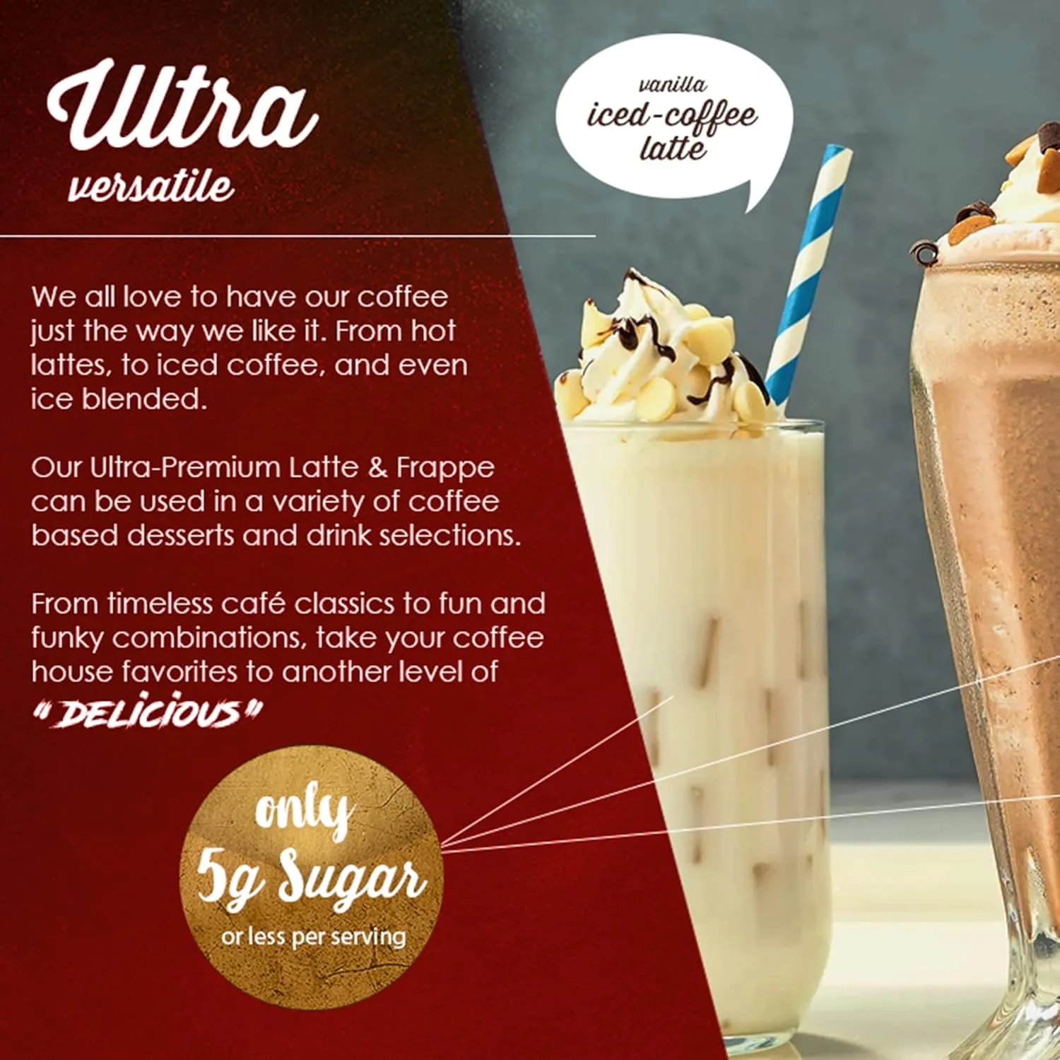 The Frozen Bean - Hazelnut Frappe & Latte Instant Mix with Arabica Coffee, Double Caffiene, Low Sugar - for Hot, Iced, or Frappuccino-Style Blended Drinks - (20) 0.53oz Single Serve Sticks