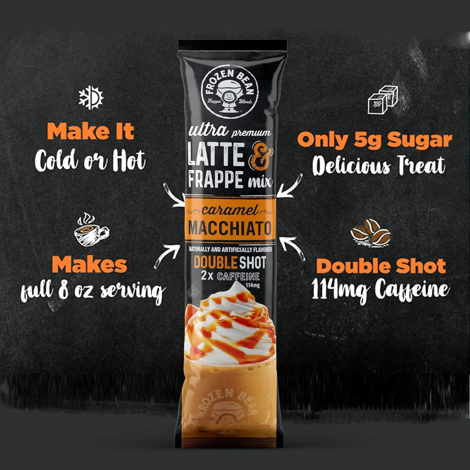 The Frozen Bean - Hazelnut Frappe & Latte Instant Mix with Arabica Coffee, Double Caffiene, Low Sugar - for Hot, Iced, or Frappuccino-Style Blended Drinks - (20) 0.53oz Single Serve Sticks