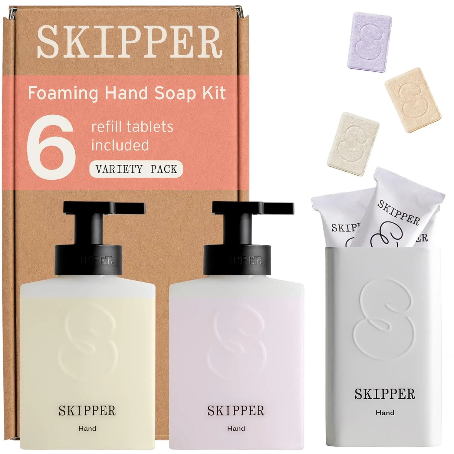 Tirtyl Skipper Hand Wash Duo Kit - 2 Recycled Plastic Foaming Dispensers   6 Tablet Refills (6x 8 fl oz bottles of soap)   1 Storage Tin - Variety Fragrances