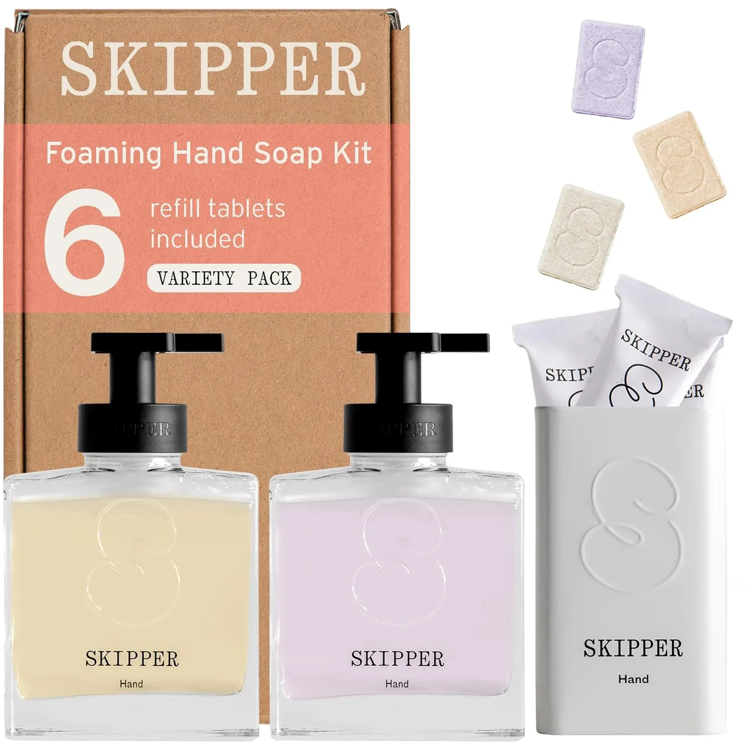 Tirtyl Skipper Hand Wash Duo Kit Glass - 2 Glass Foaming Dispensers   6 Tablet Refills (6x 8 fl oz bottles of soap)   1 Storage Tin - Variety Fragrances