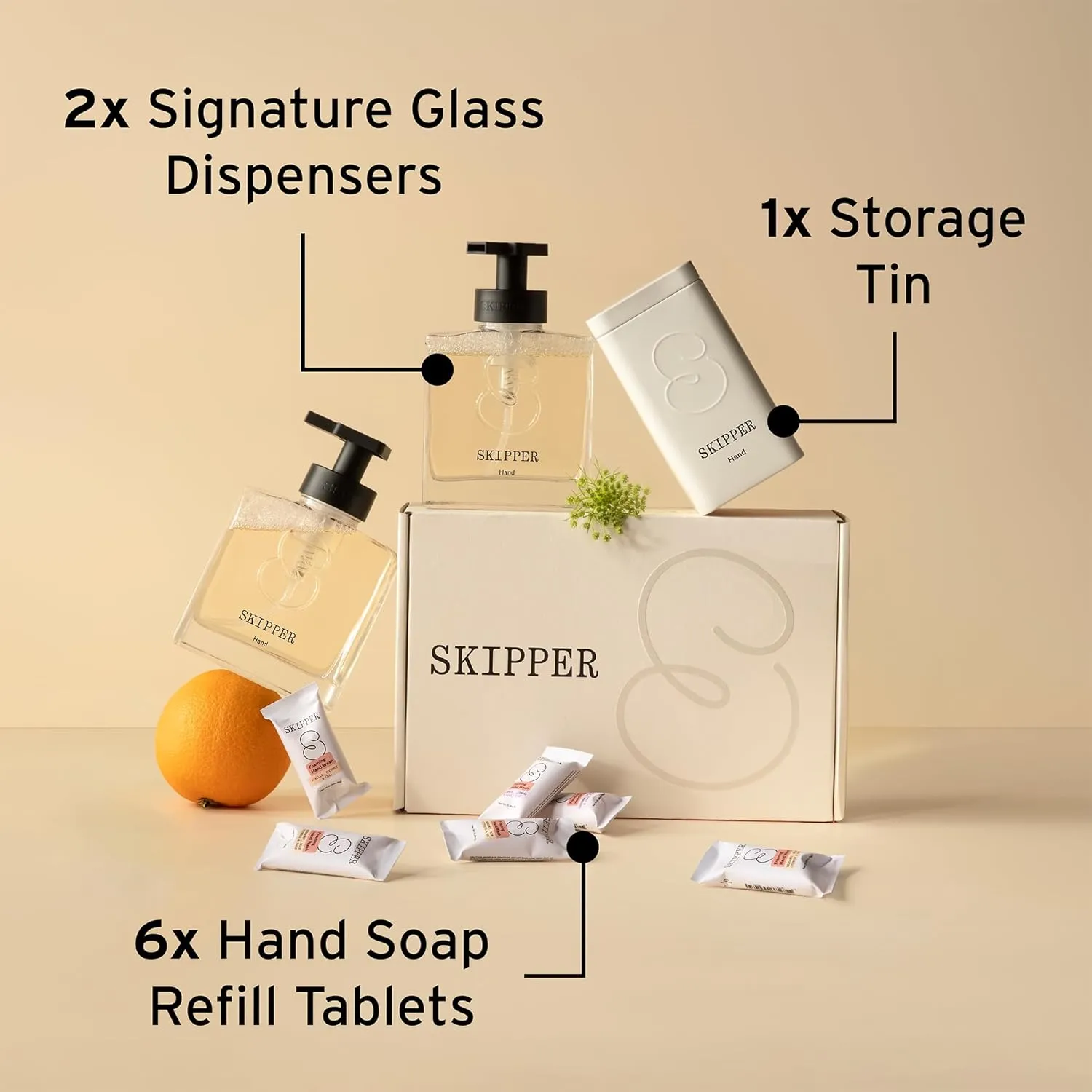 Tirtyl Skipper Hand Wash Duo Kit Glass - 2 Glass Foaming Dispensers   6 Tablet Refills (6x 8 fl oz bottles of soap)   1 Storage Tin - Variety Fragrances