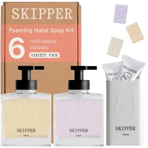 Tirtyl Skipper Hand Wash Duo Kit Glass - 2 Glass Foaming Dispensers   6 Tablet Refills (6x 8 fl oz bottles of soap)   1 Storage Tin - Variety Fragrances