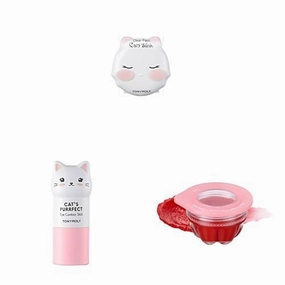 TONYMOLY Soft Matte Finish Set - Cats Wink Clear Pact, 03 Translucent   Cat's Purrfect Eye Contour Stick, Illuminates Tired Puffy Skin, 9 g   Jelly Lip Melt, Moisturizing Lip Balm, Strawberry, 0.31 oz