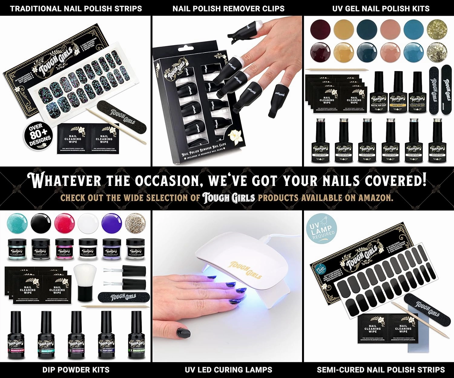 TOUGH GIRLS | 6-Pack Gel Nail Polish Kit | Includes Soak-off UV Gel Color Coats, Base Coat, No-wipe Glossy & Matte Top Coats, Nail Buffer, Cuticle Sticks, Files, & Wipes (6-Pack Kit | Color Combo 4)