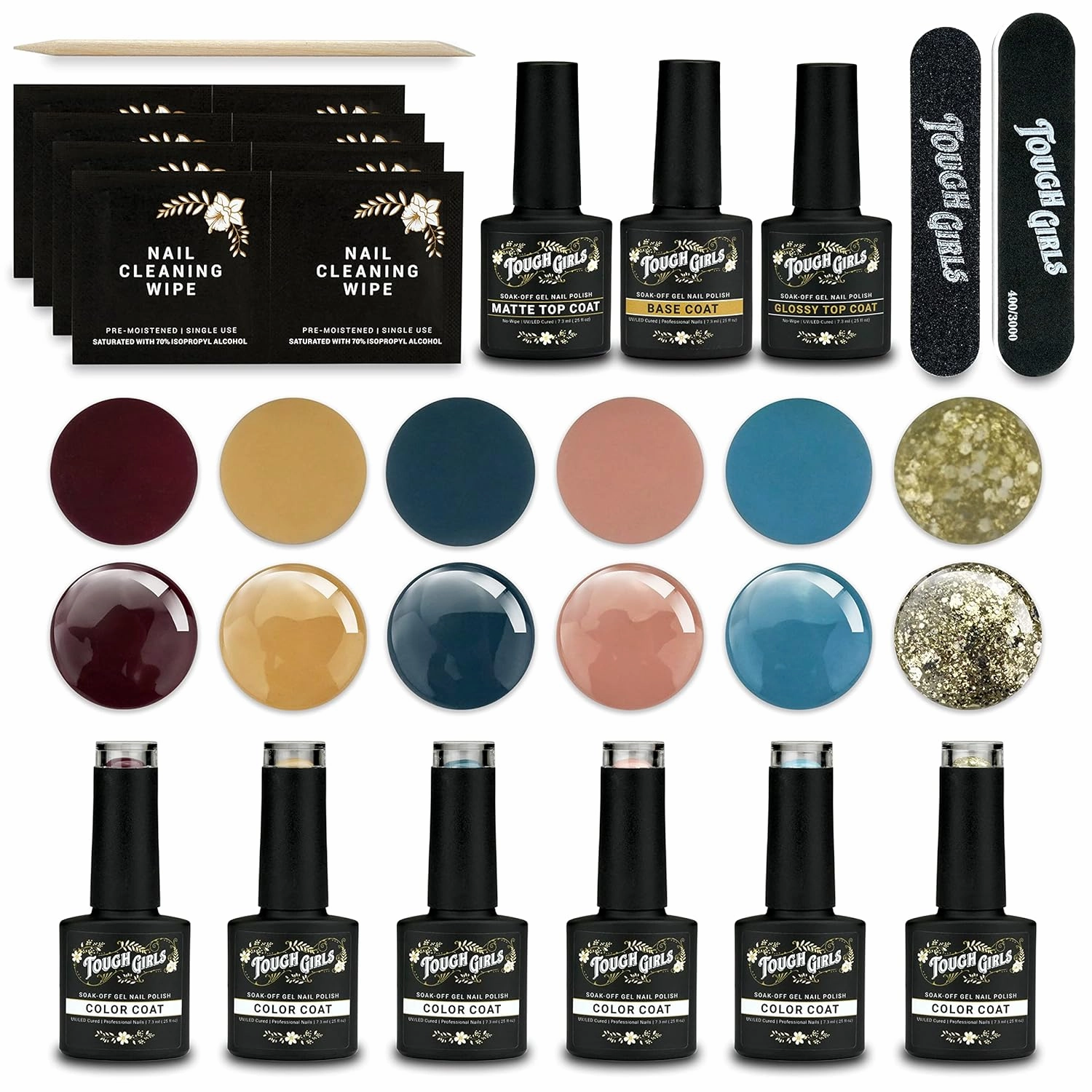 TOUGH GIRLS | 6-Pack Gel Nail Polish Kit | Includes Soak-off UV Gel Color Coats, Base Coat, No-wipe Glossy & Matte Top Coats, Nail Buffer, Cuticle Sticks, Files, & Wipes (6-Pack Kit | Color Combo 4)