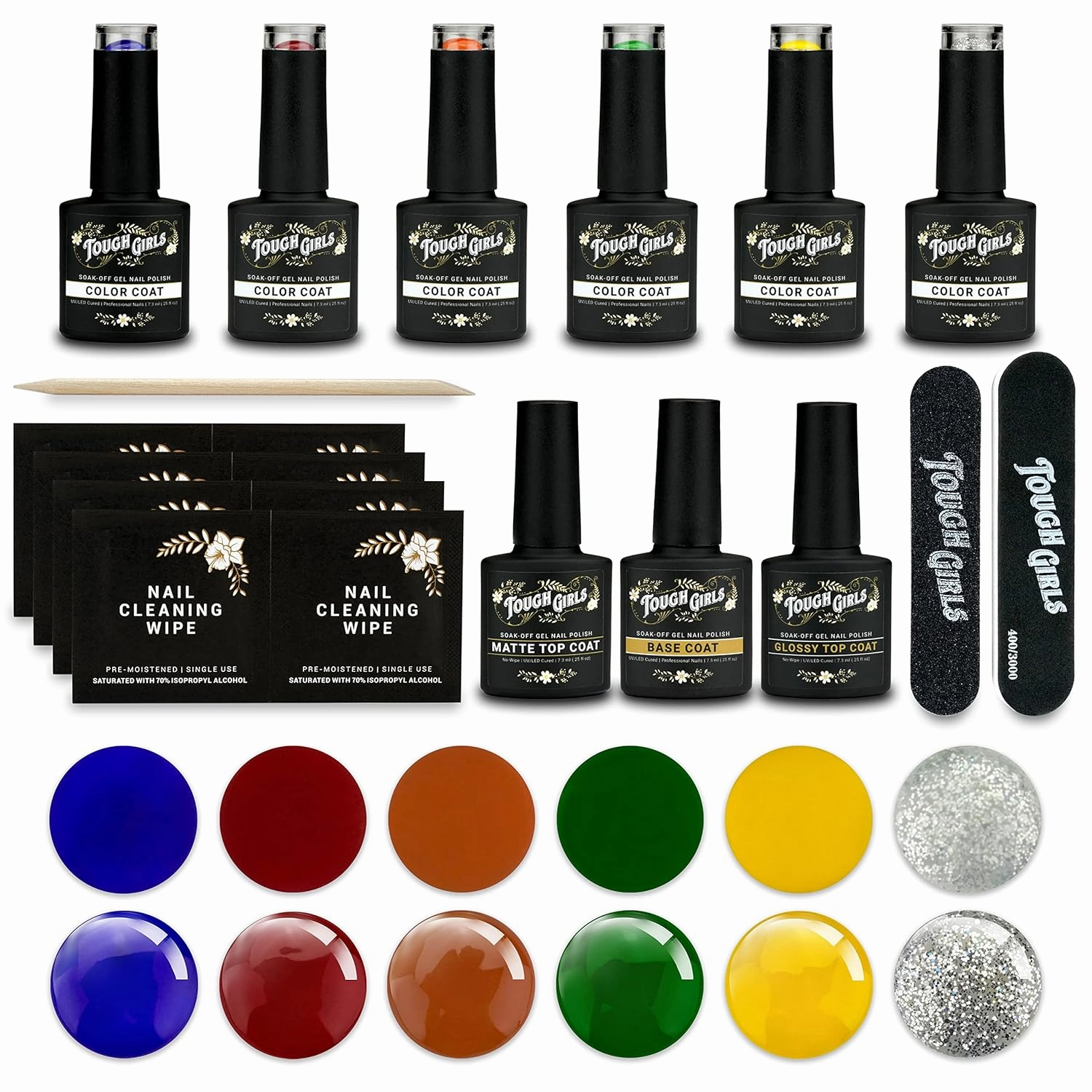 TOUGH GIRLS | 6-Pack Gel Nail Polish Kit | Includes Soak-off UV Gel Color Coats, Base Coat, No-wipe Glossy & Matte Top Coats, Nail Buffer, Cuticle Sticks, Files, & Wipes (6-Pack Kit | Color Combo 5)