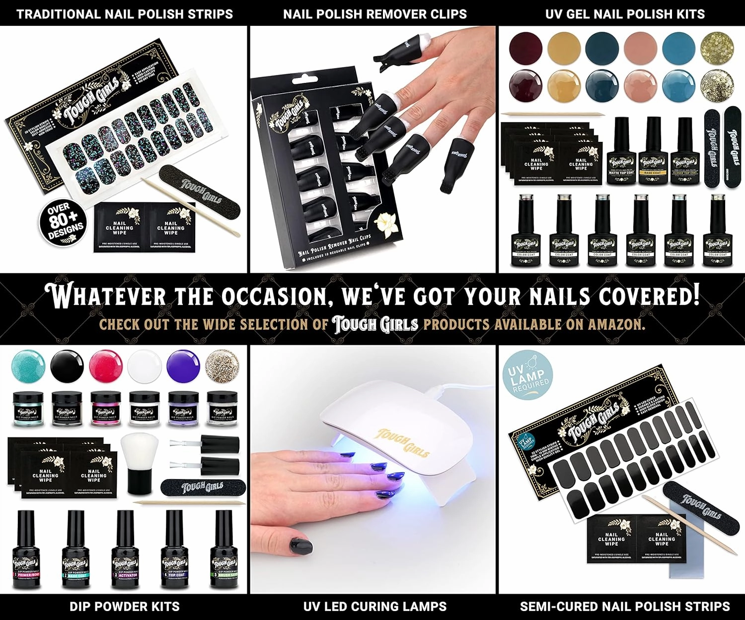 TOUGH GIRLS | 6-Pack Gel Nail Polish Kit | Includes Soak-off UV Gel Color Coats, Base Coat, No-wipe Glossy & Matte Top Coats, Nail Buffer, Cuticle Sticks, Files, & Wipes (6-Pack Kit | Color Combo 5)