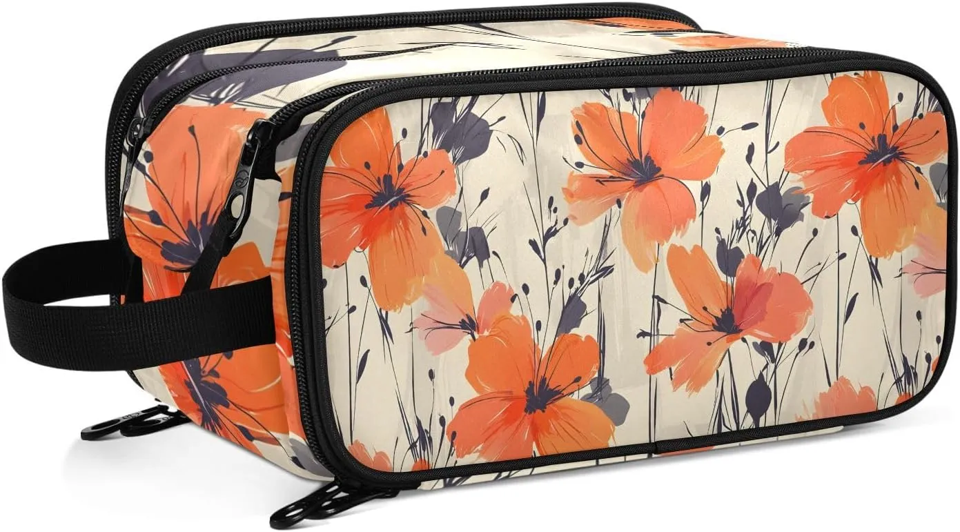 Travel Makeup Bag Coral Flower Pattern Black Grey Women's Large Capacity Cosmetic Portable Organizer Large Opening Storage Toiletry Bags Brush Holder for Easy Access