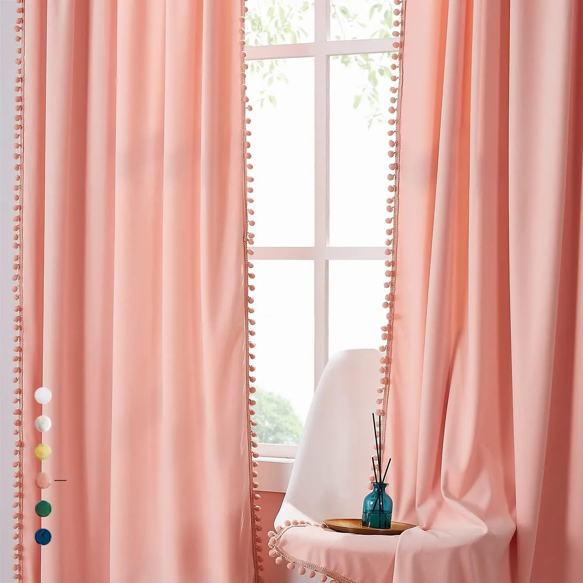 Treatmentex Pompom Pink Velvet Curtains for Living Room 84 inches Long Blush Pink Room Darkening Curtains Window Draperies for Girl's Bedroom 2pk Coral
