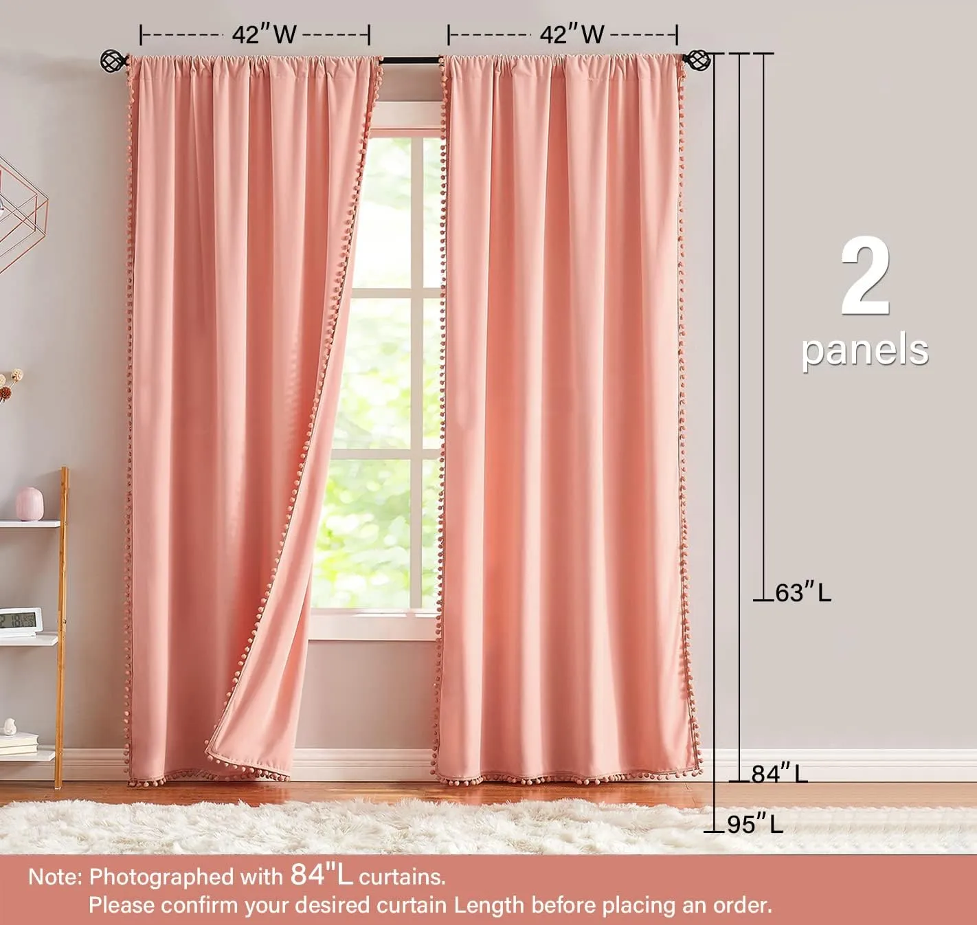 Treatmentex Pompom Pink Velvet Curtains for Living Room 84 inches Long Blush Pink Room Darkening Curtains Window Draperies for Girl's Bedroom 2pk Coral