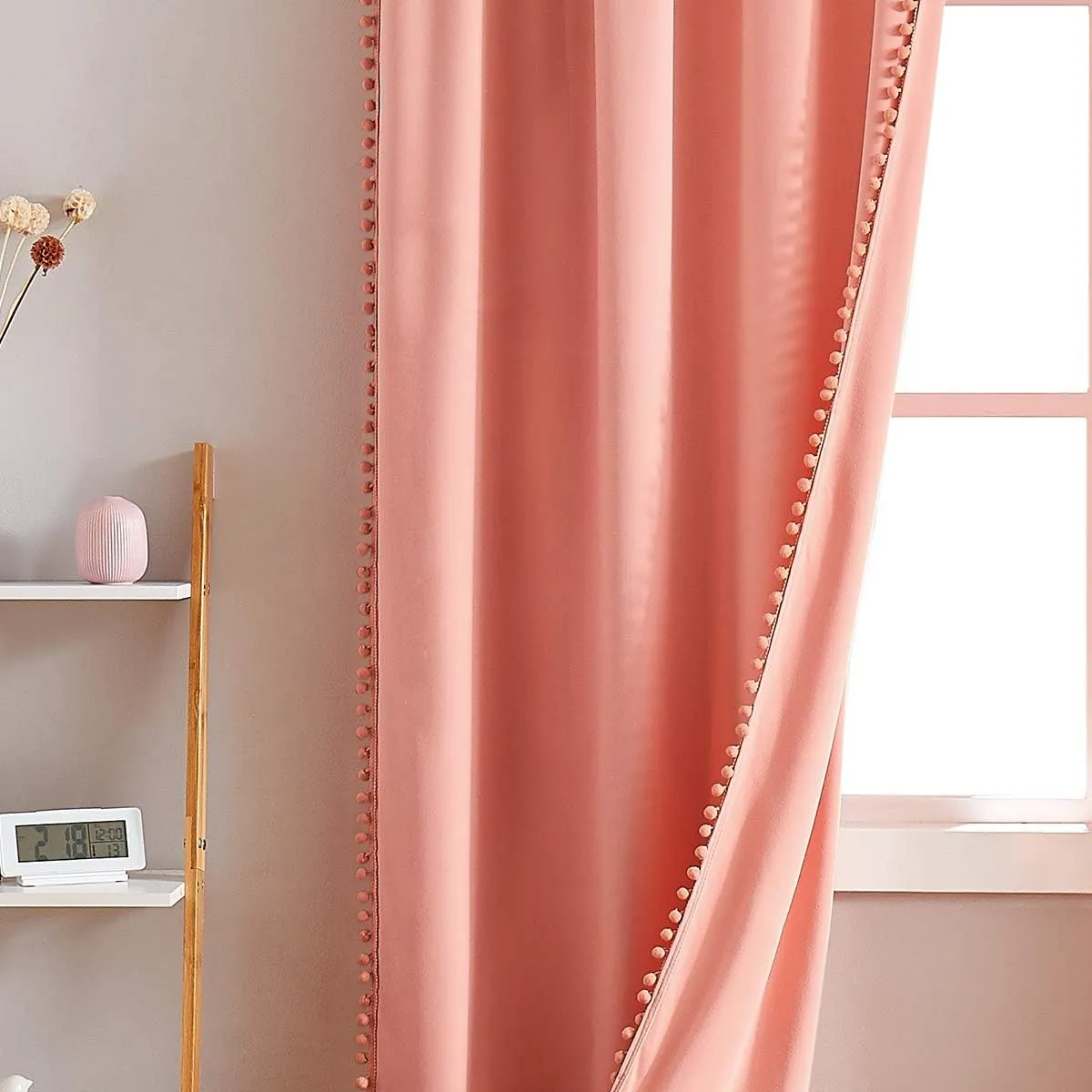 Treatmentex Pompom Pink Velvet Curtains for Living Room 84 inches Long Blush Pink Room Darkening Curtains Window Draperies for Girl's Bedroom 2pk Coral