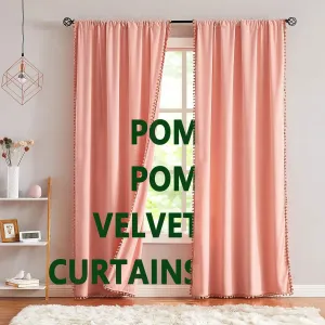 Treatmentex Pompom Pink Velvet Curtains for Living Room 84 inches Long Blush Pink Room Darkening Curtains Window Draperies for Girl's Bedroom 2pk Coral