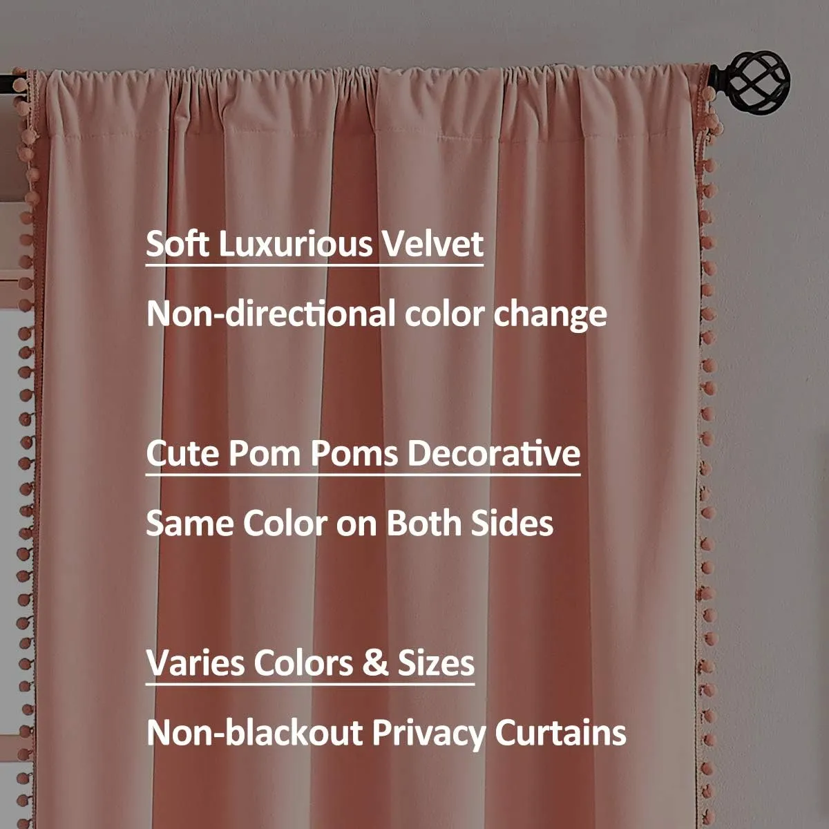 Treatmentex Pompom Pink Velvet Curtains for Living Room 84 inches Long Blush Pink Room Darkening Curtains Window Draperies for Girl's Bedroom 2pk Coral