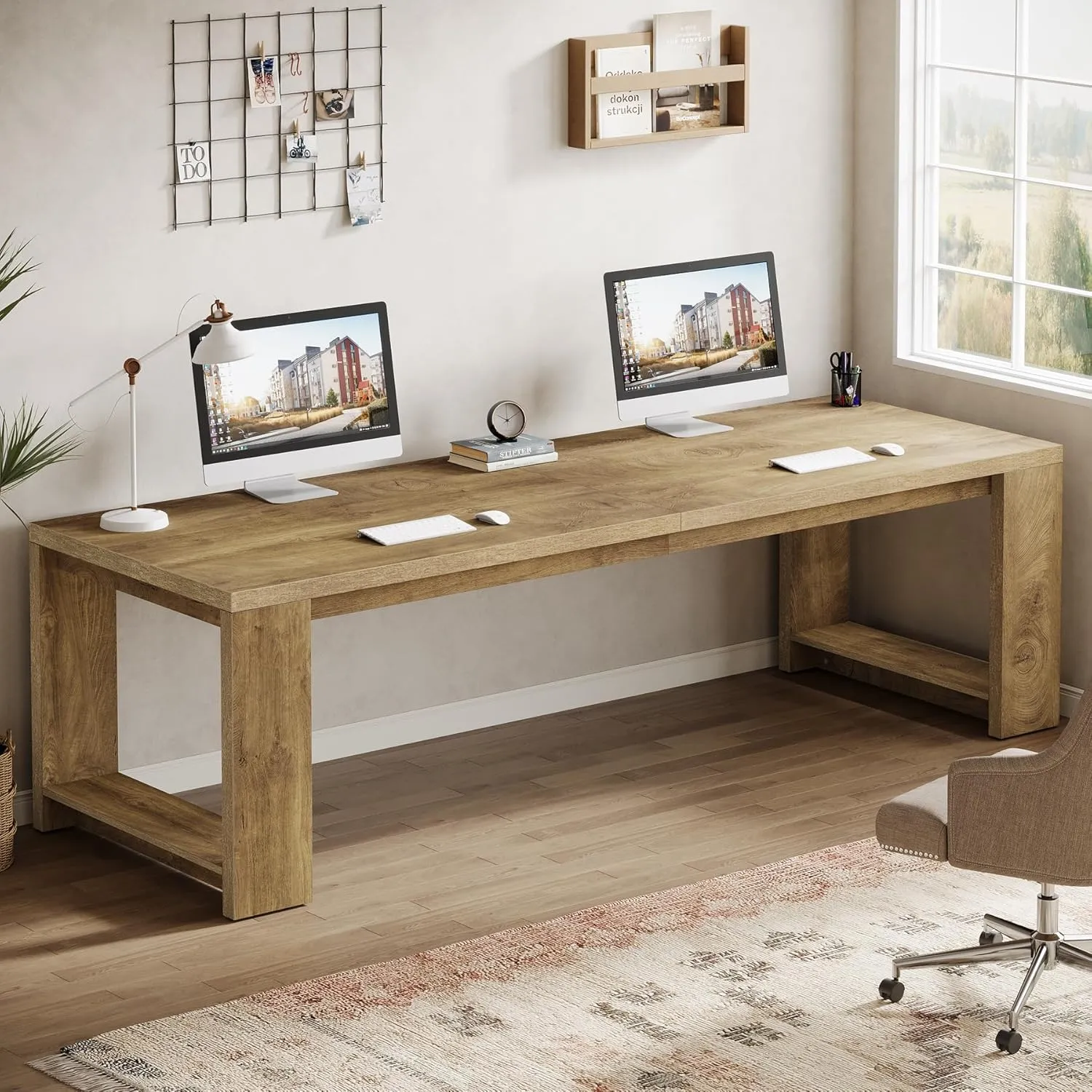 Tribesigns Two Person Desk, 86.6 Inches Extra Long Desk, Double Computer Writing Table, All Wood Large Desks Workstation for Home Office, Natural Oak