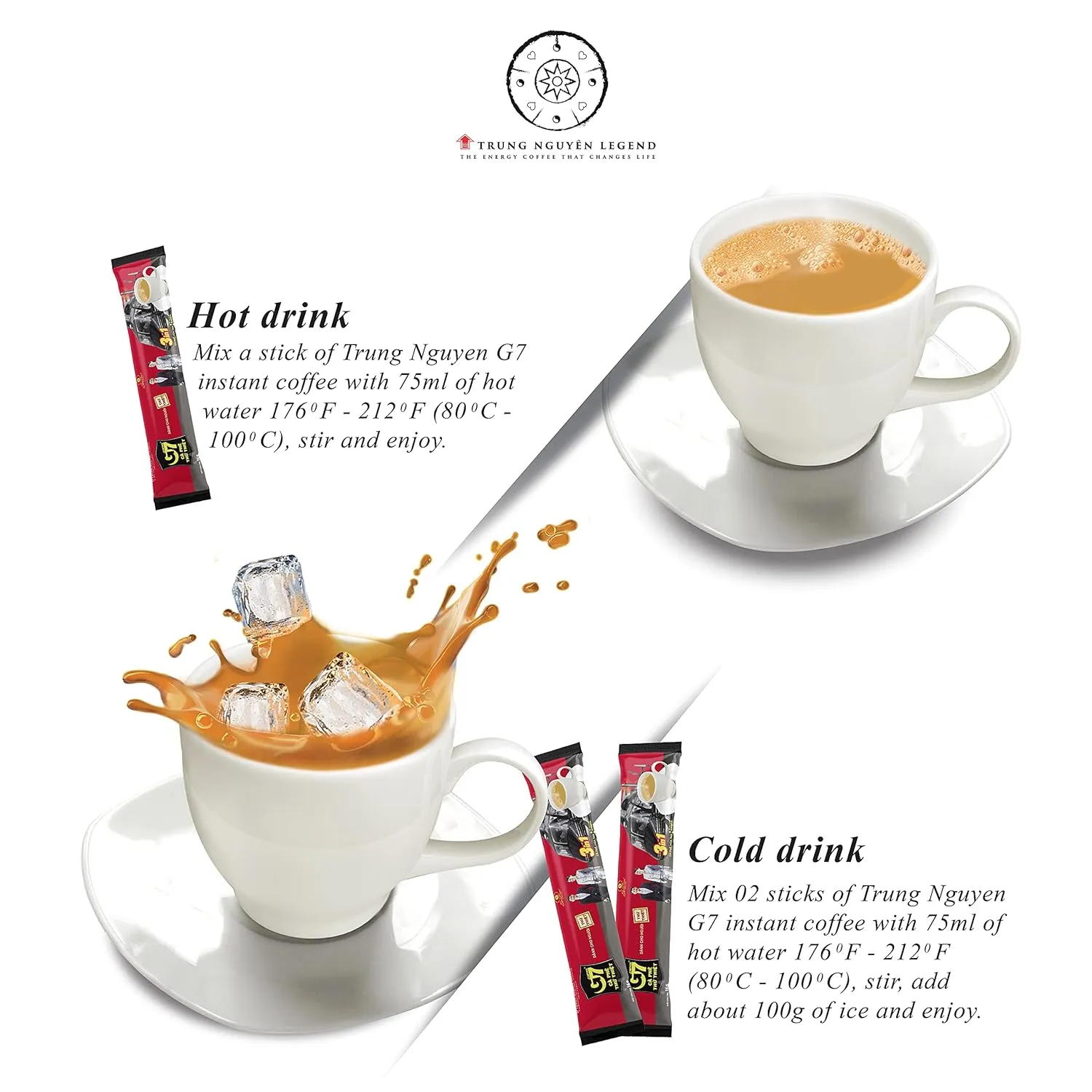 Trung Nguyen G7 Instant Coffee - 3-in-1 with NANO  Technology, Roasted Ground Blend, Non-dairy Creamer & Sugar (100 Sticks)
