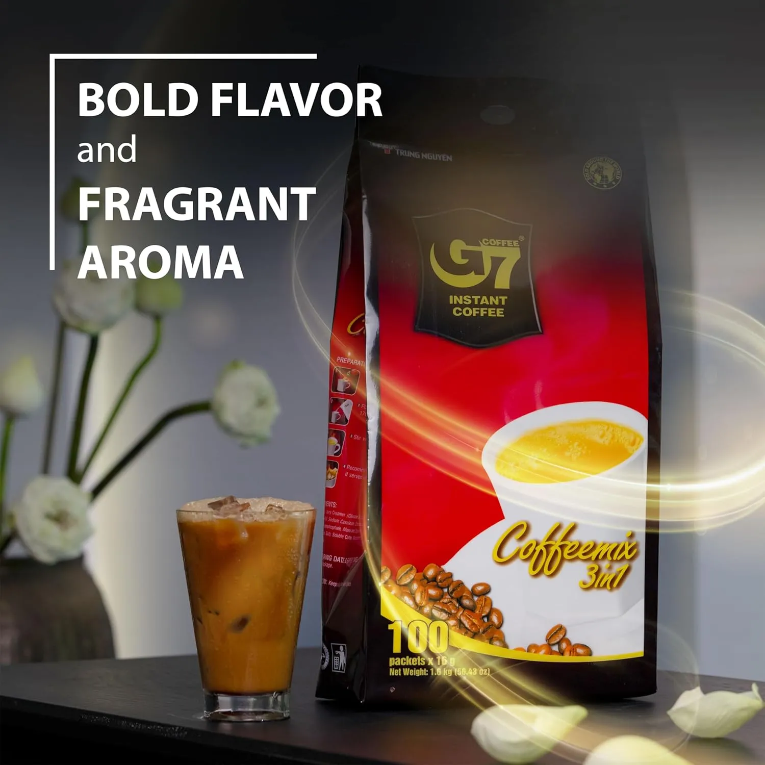Trung Nguyen G7 Instant Coffee - 3-in-1 with NANO  Technology, Roasted Ground Blend, Non-dairy Creamer & Sugar (100 Sticks)