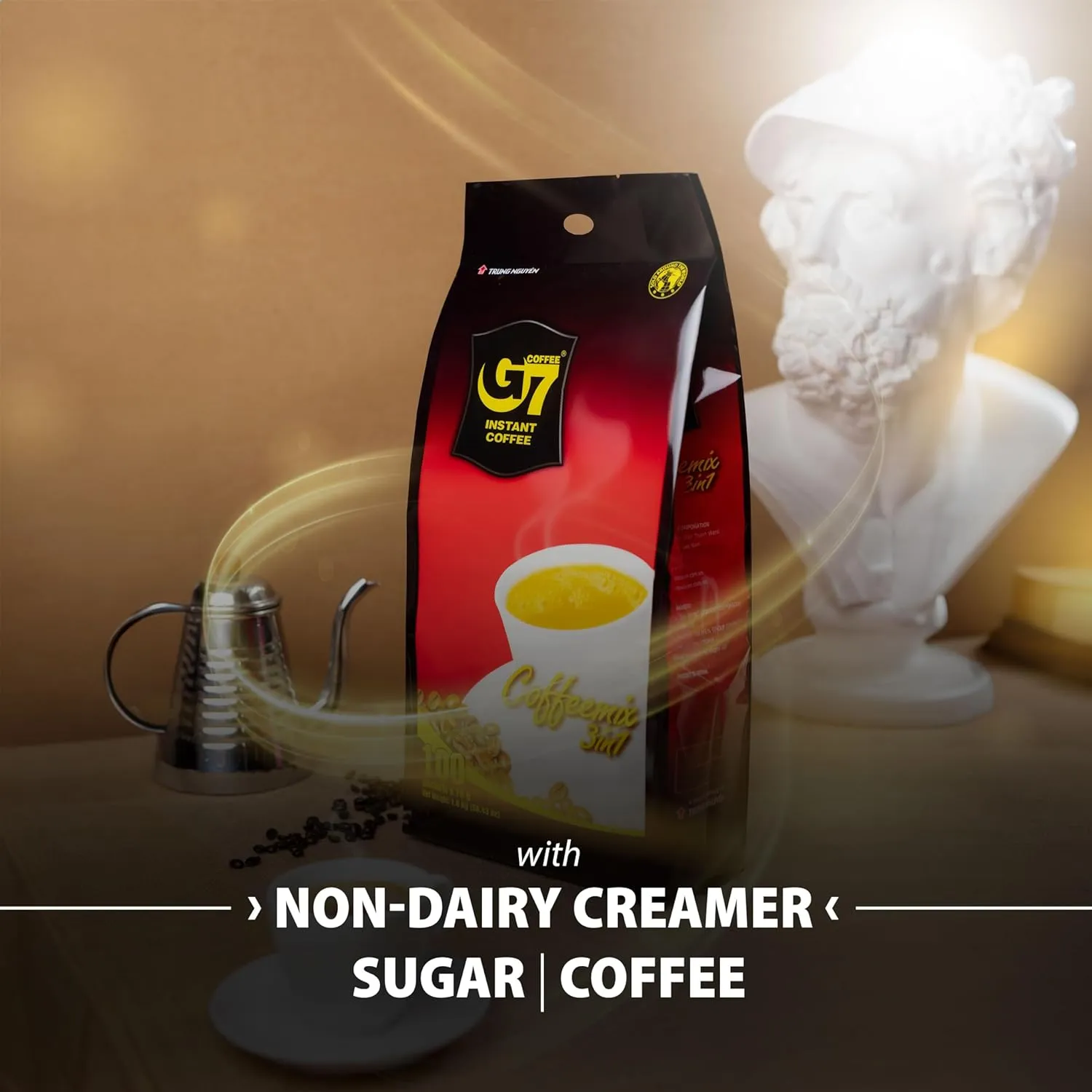Trung Nguyen G7 Instant Coffee - 3-in-1 with NANO  Technology, Roasted Ground Blend, Non-dairy Creamer & Sugar (100 Sticks)