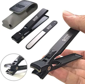 Ultra Sharp Sturdy Nail Clipper w/Catcher & Safety Lock, Wide Jaw Opening Curved Blade, Thick Fingernail Toenail Cutter - Comes w/Nail File, Microfiber Cloth & PU Leather Case (Black)
