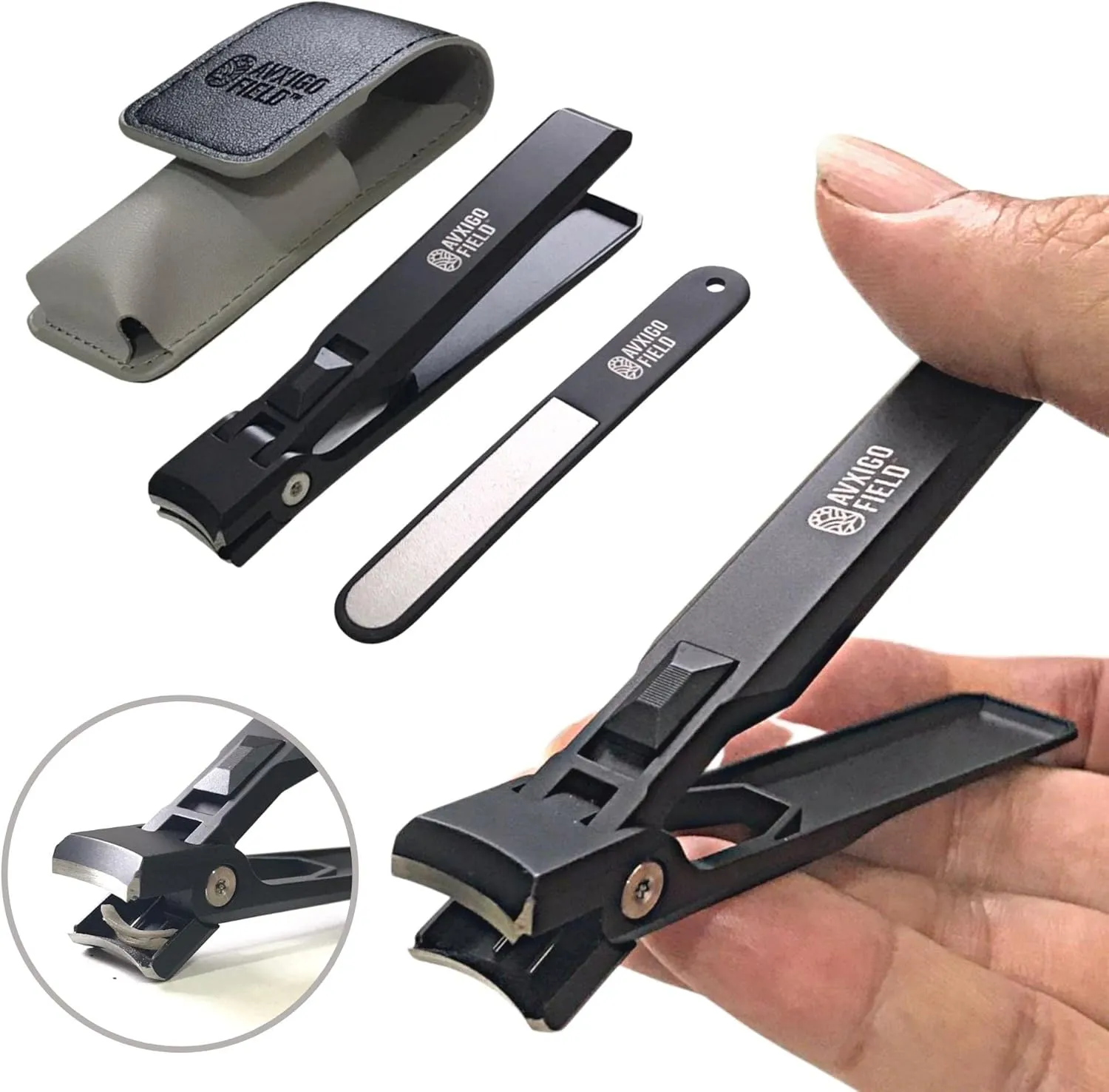 Ultra Sharp Sturdy Nail Clipper w/Catcher & Safety Lock, Wide Jaw Opening Curved Blade, Thick Fingernail Toenail Cutter - Comes w/Nail File, Microfiber Cloth & PU Leather Case (Black)