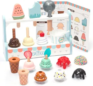 UMU® Wooden Ice Cream Counter Play Set Toy - Pretend Kitchen Accessories for Kids, Interactive PretendFood ,Montessori Shape Sorter 21 PCS Toddler Christmas Birthday Toys Gift 3  Kids Girls &Boys