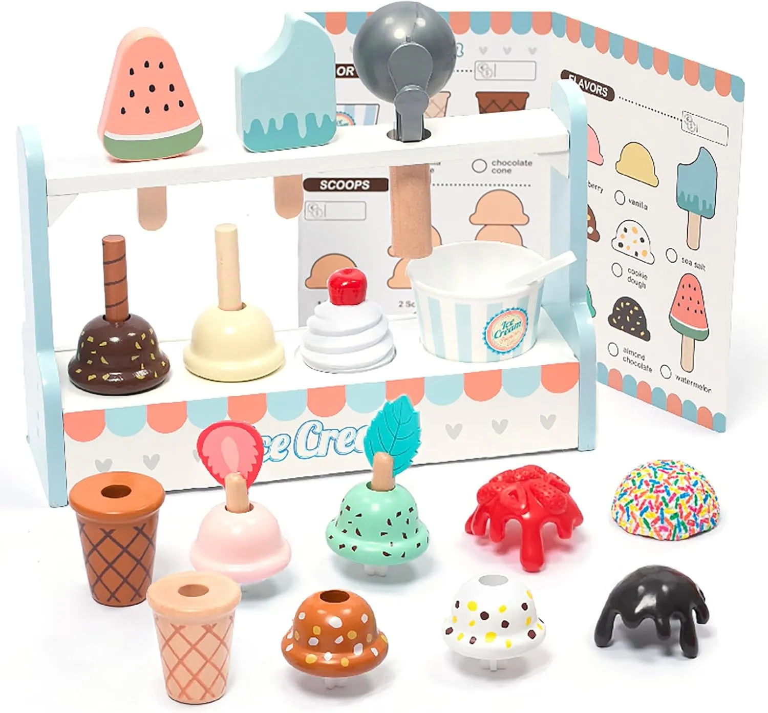 UMU® Wooden Ice Cream Counter Play Set Toy - Pretend Kitchen Accessories for Kids, Interactive PretendFood ,Montessori Shape Sorter 21 PCS Toddler Christmas Birthday Toys Gift 3  Kids Girls &Boys