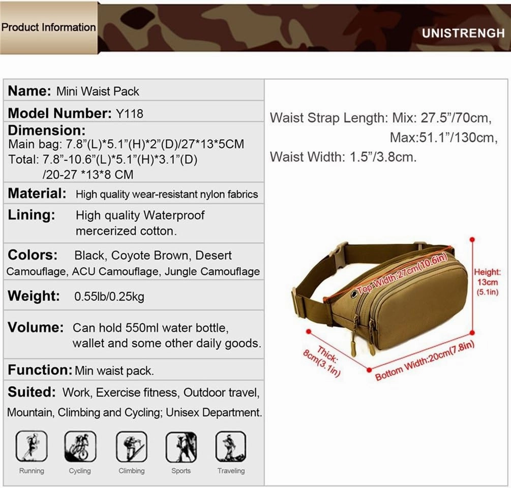 UNISTRENGH Fanny Pack Tactical Military Waist Pack Bag Waterproof Hip Belt Pouch for Outdoor Hunting Camping Trekking Climbing Bumbag