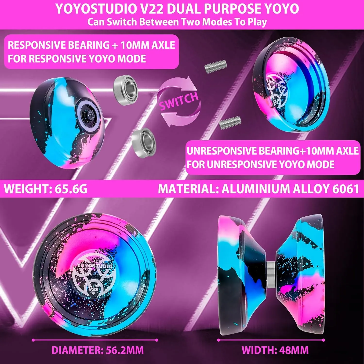 V22 Yoyo for Kids, Responsive Yoyo Professional with Unrsponsive Yoyos Accessory Kit, Professional Trick Yo Yo for Adults with 10 Yo-Yo Strings, Case & Glove - Black Blue Pink
