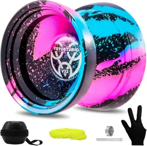 V22 Yoyo for Kids, Responsive Yoyo Professional with Unrsponsive Yoyos Accessory Kit, Professional Trick Yo Yo for Adults with 10 Yo-Yo Strings, Case & Glove - Black Blue Pink