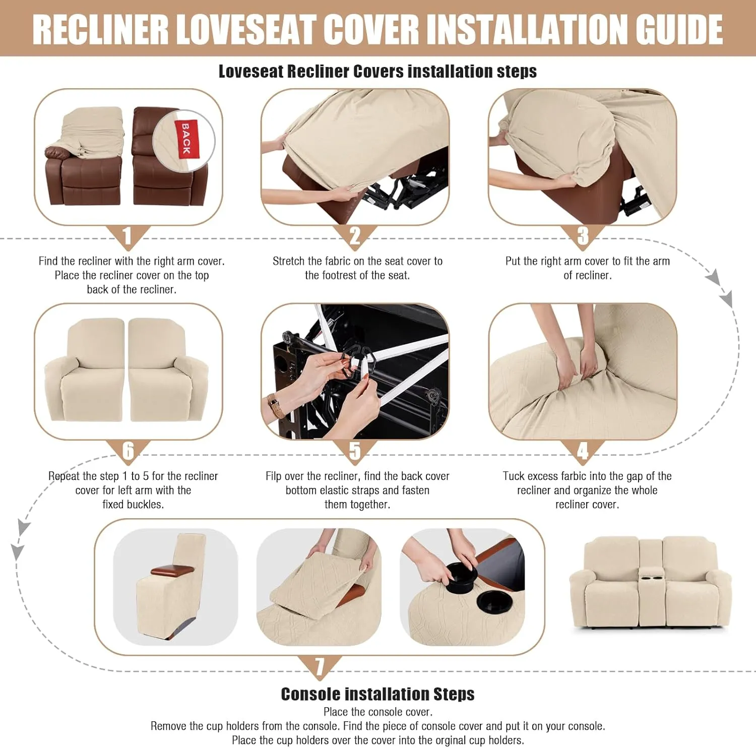 VANSOFY Recliner Loveseat Cover with Middle Console Stretch Reclining Sofa Slipcover for 2 Seat Jacquard Reclining Couch Sofa Covers Furniture Protector with Elastic Straps Bottom (Cream)
