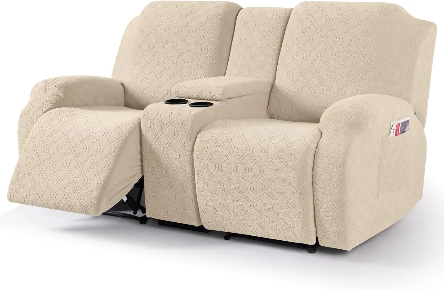 VANSOFY Recliner Loveseat Cover with Middle Console Stretch Reclining Sofa Slipcover for 2 Seat Jacquard Reclining Couch Sofa Covers Furniture Protector with Elastic Straps Bottom (Cream)